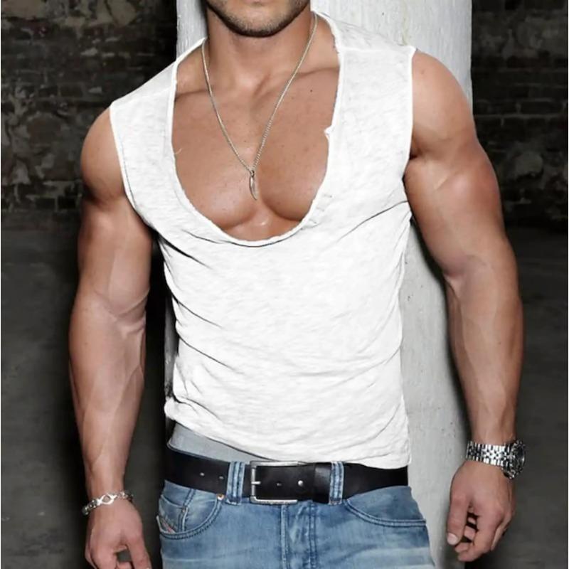 Men Deep U Neck Sleeveless Tank Top Raw Edge Slim Fit Casual Vest S белый