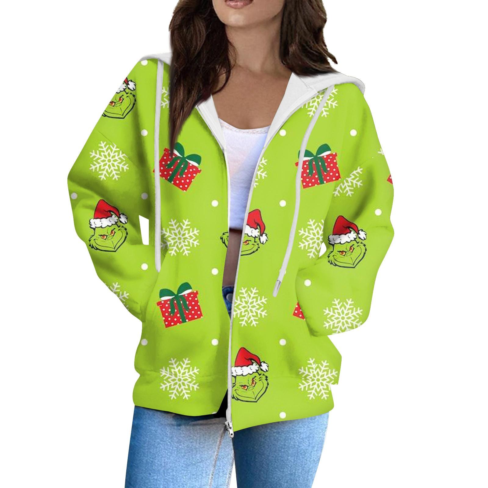 Women s Fashion Casual Christmas Print Long Sleeve Sweatshirt Pocket Jacket Zipper Hoodie Coat XXL