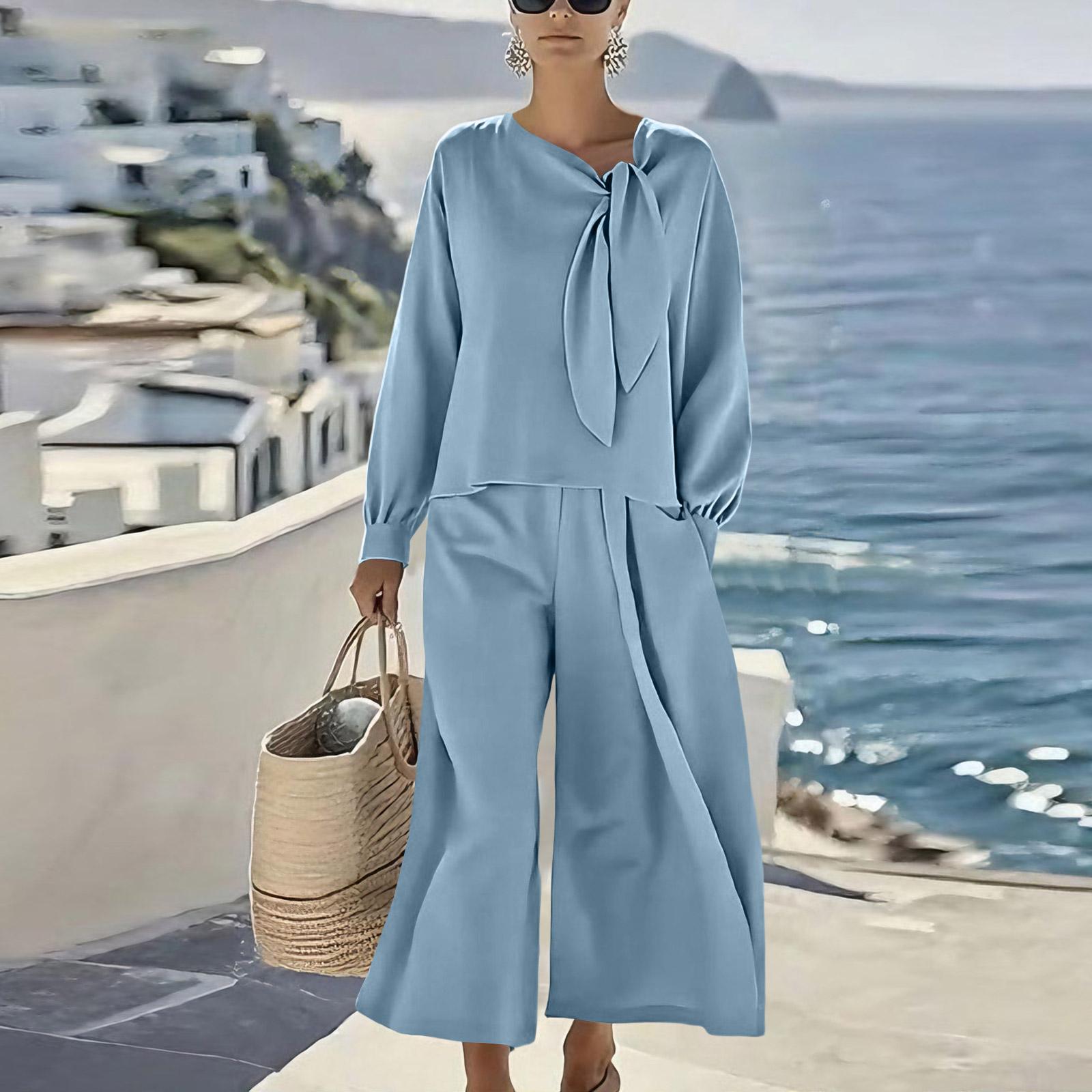 

Two Piece Sets For Women Casual Loose Long Sleeve Shirts And High Waisted Drawstring Shorts Tracksuit Outfits XL світло-синій колір