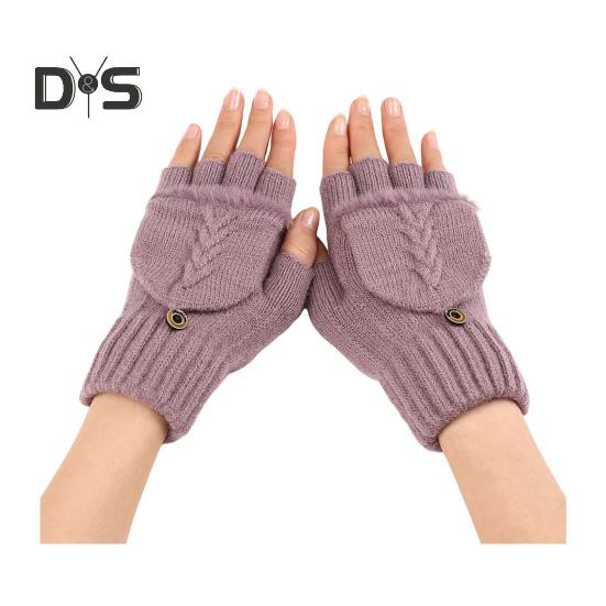 

1 пара женских зимних перчаток с откидными пальцами, толстые плюшевые ветрозащитные противоскользящие перчатки для письма, сохраняющие тепло, варежки для набора текста фиолетовый