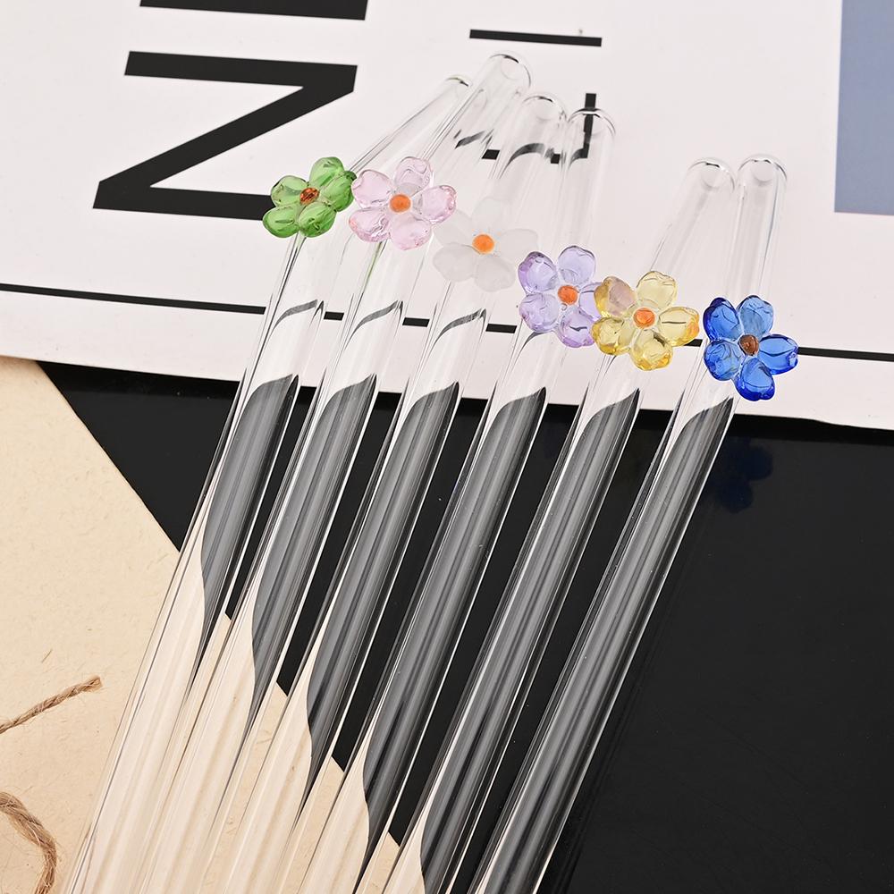 Flower Glass Straws Straight Bend Straws Eco Friendly Reusable Clear Straw for Smoothies Cocktails Drinking Bar Party Tool