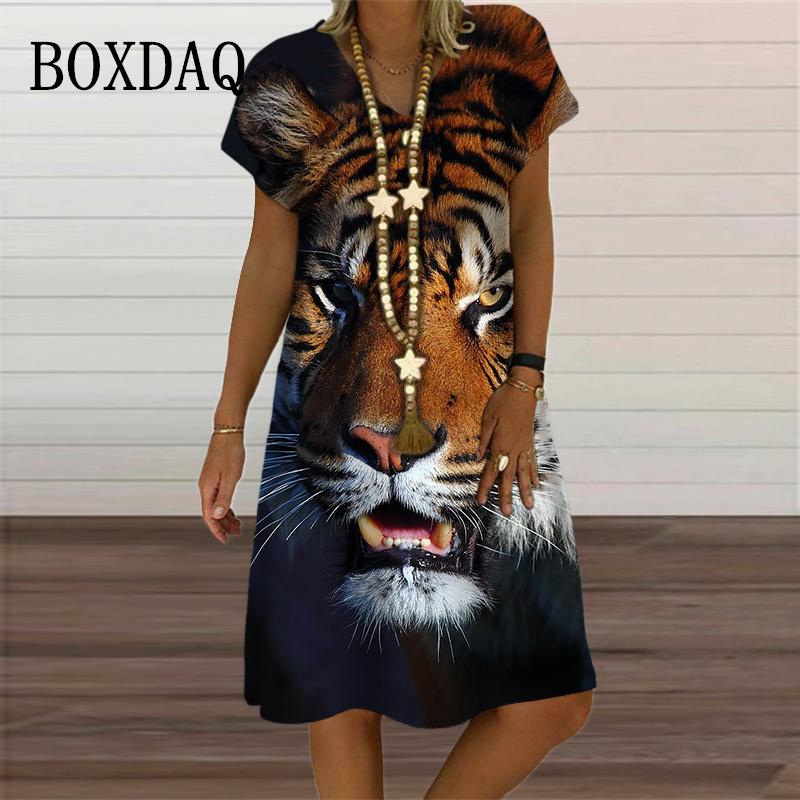 

Casual Women Loose A-Line Dresses Lady Fashion Party Dress Summer V Neck Tiger Printed Short Sleeve Midi Dress Plus Size Clothes 6XL