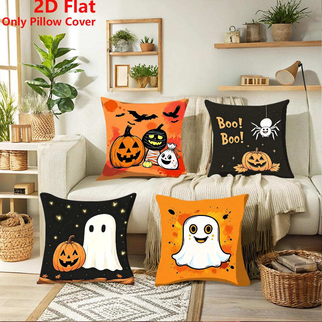 1pc Halloween Pumpkin Headed Ghost Print Polyester Pillowcase Home Decor Pillowcase Car Sofa Cushion Cover Home Halloween Decor 45x45cm