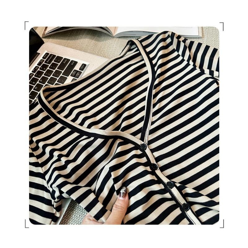 Early Autumn Chic Striped V-neck Long-sleeved Cardigan T-shirt for Women New Slim Fit Korean Style Single Top