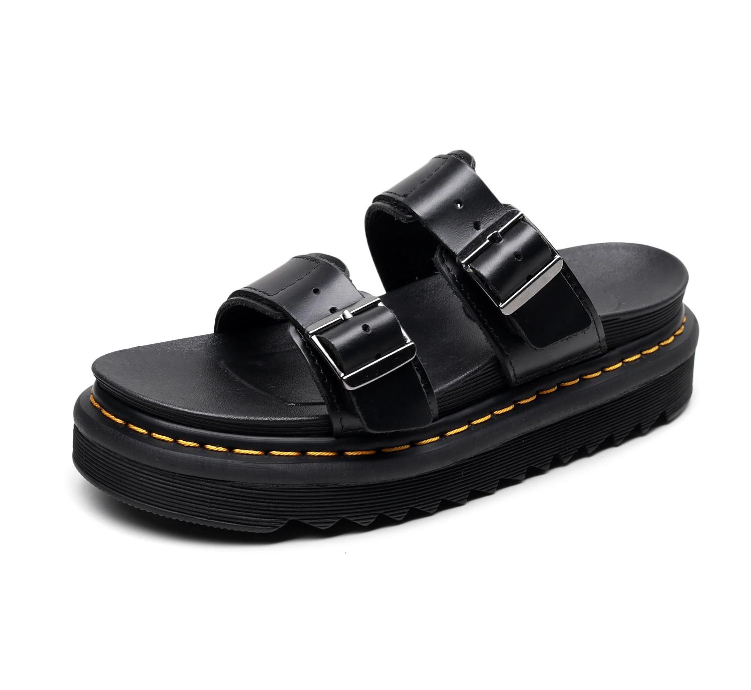 

New Trend Women Breathable Slide Slippers Open Toe Female Beach Thick Heel Customize Leather Slides with Factory Price 37