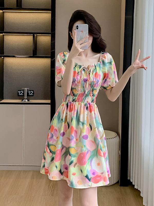 

Petite French Tea Dress: Summer Oil Painting Short-Sleeve Style Large