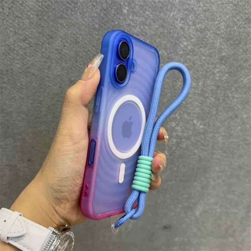 

Для Magsafe Магнитный Чехол для Телефона Ремешок на Запястье Для iPhone 16 Pro Max 15 14 13 12 Чехол Волна Градиент Матовый Полупрозрачный iPhone 14 синий