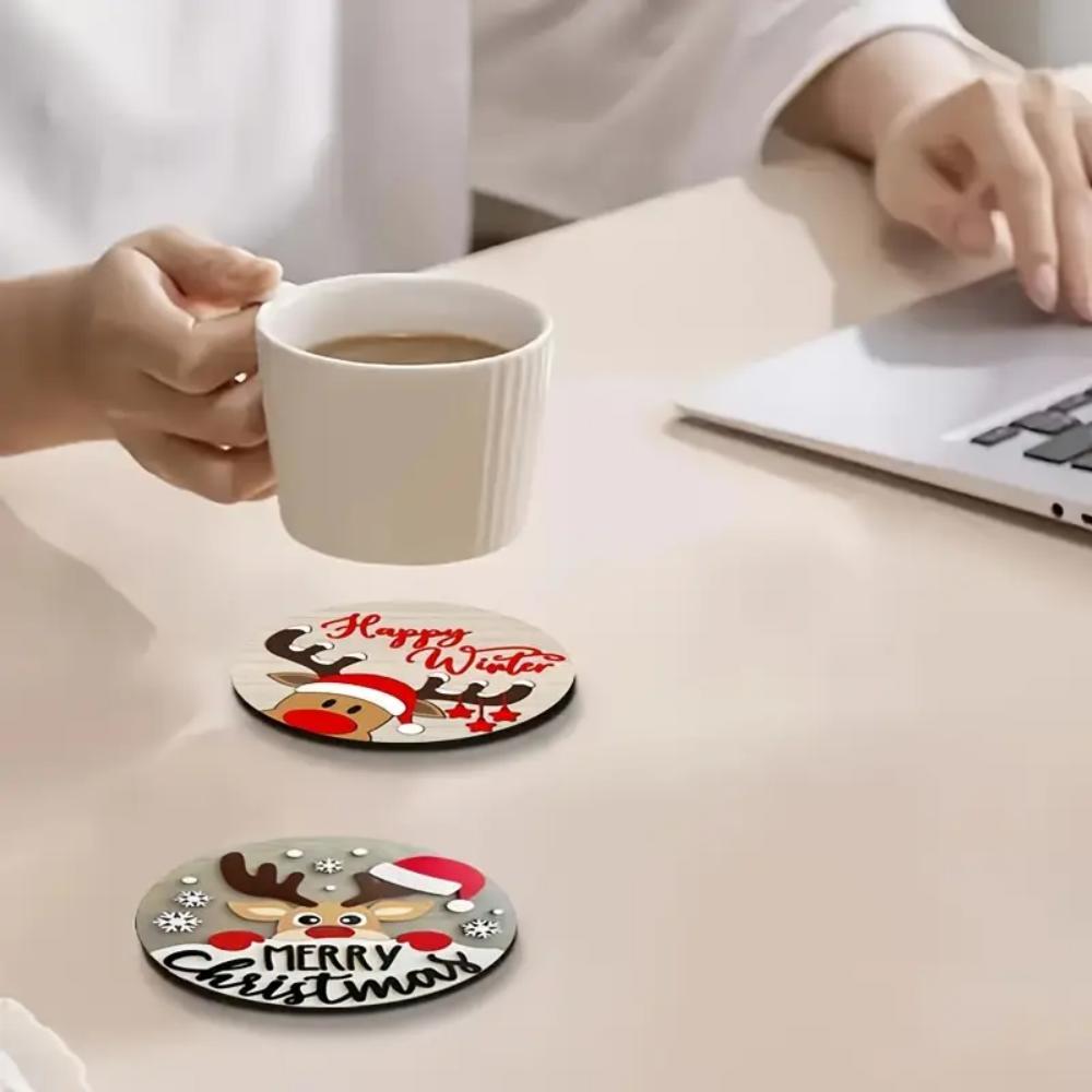A Charming 6-piece Set of Wooden Christmas Coasters, Suitable for Round Design, Heat-resistant and Anti-slip - Ideal for Home De