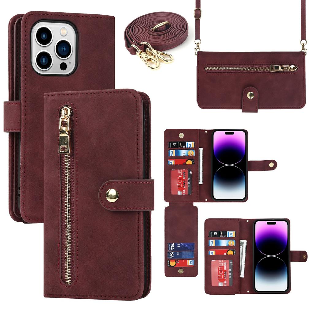 For iPhone 14 Pro Max Stand Case PU Leather Phone Cover with Straps/Zipper Wallet/Multiple Card Slots