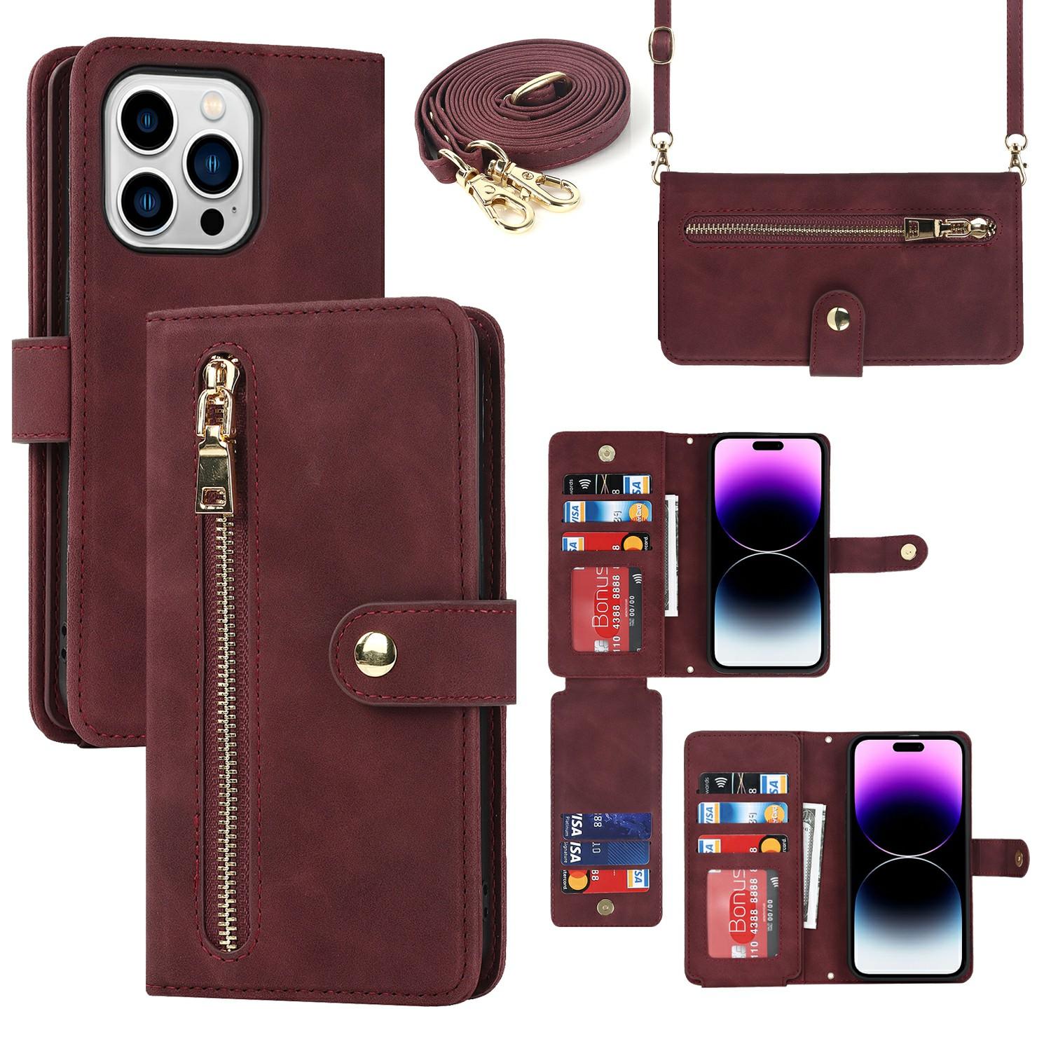 

For iPhone 14 Pro Max Stand Case PU Leather Phone Cover with Straps/Zipper Wallet/Multiple Card Slots Wine Red