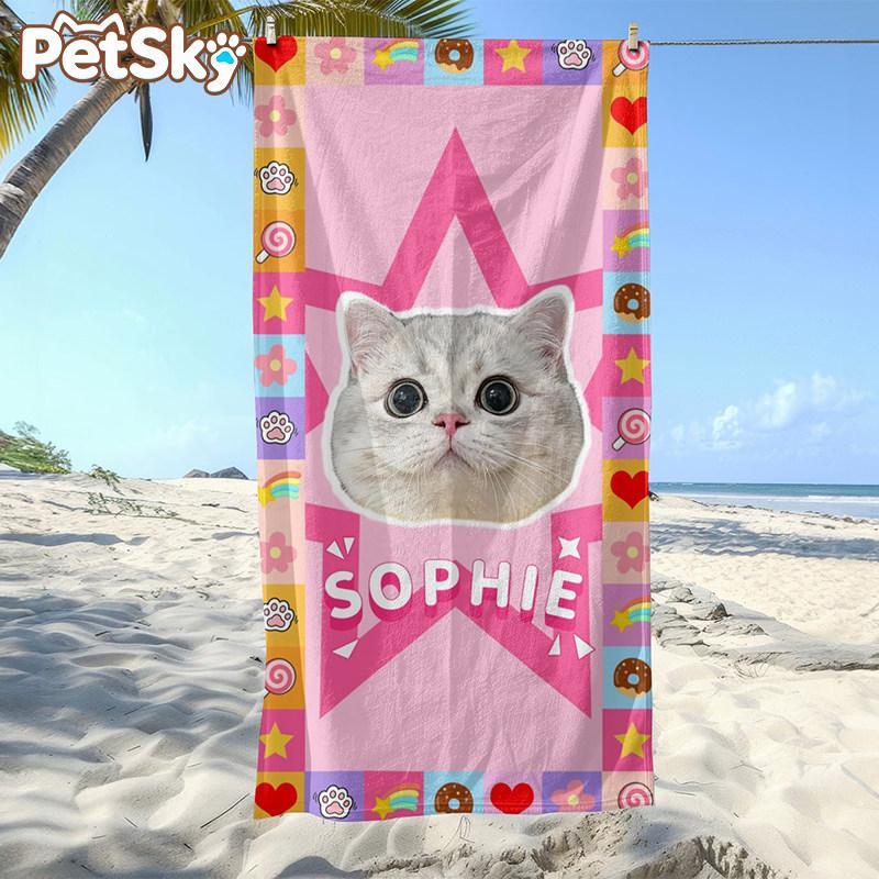 Pet Photo Beach Towel, Dog Cat Print Microfiber Towel, Quick Dry Sandproof Soft Absorbent Bath Towel for Beach Pool