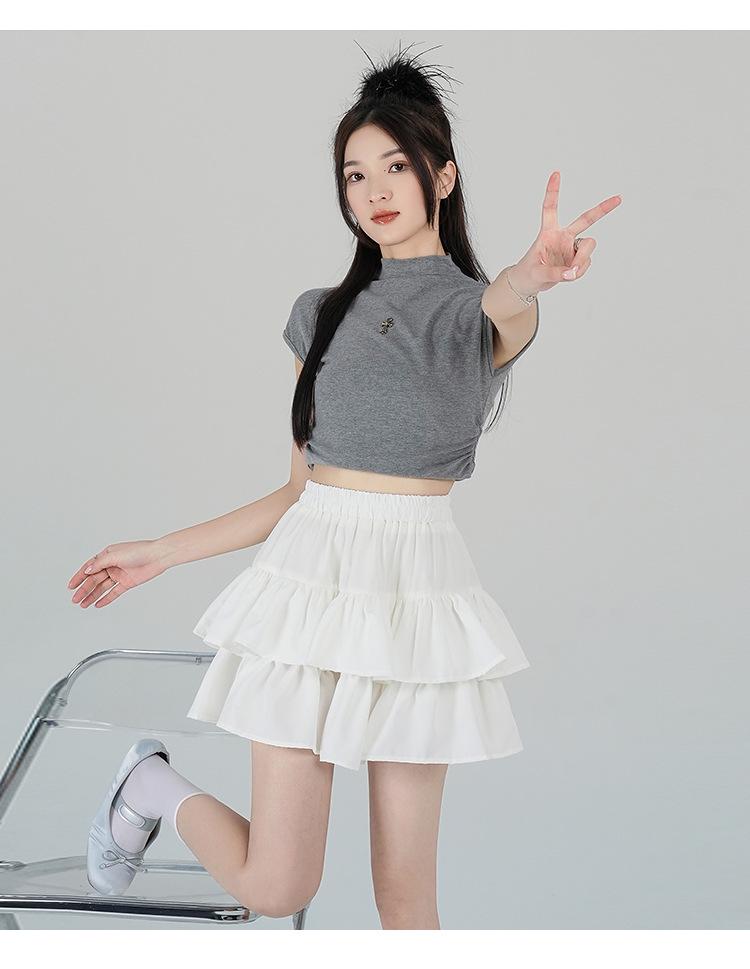 Women's Summer White Ruffle Puff Cake Dress - Ballet-Style High Waist A-Line Midi Skirt