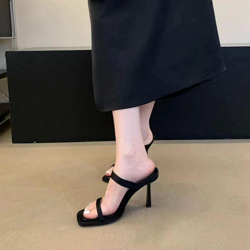 Temperament thin heel high heel one-word women's summer wear 2025 new fashion super fire temperament celebrity open-toed cool slippers