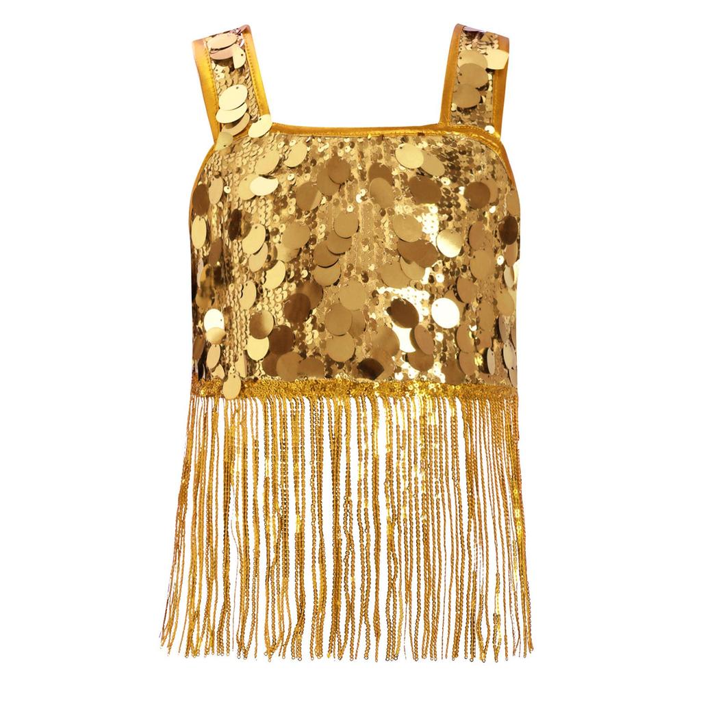 Dívčí taneční crop top se širokými ramínky a třásněmi z lesklých flitrů pro jazzové párty vystoupení