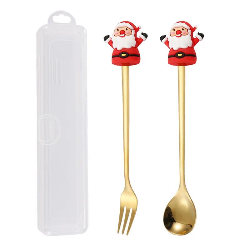 Nerezová ocel Vánoční stromek Ve tvaru čepice Santa Kreativní lžička na míchání kávy Dezertní vidlička na ovoce Pro sváteční stolování Párty Dekorace