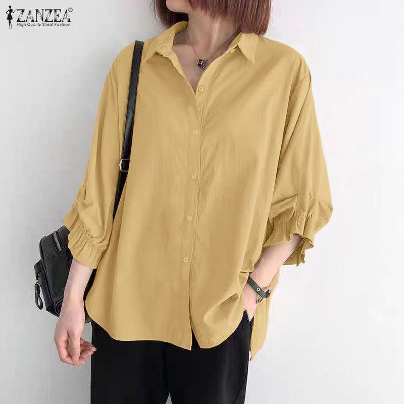 ZANZEA Damen Umlegekragen Locker 3/4-Ärmel Einfache Bluse