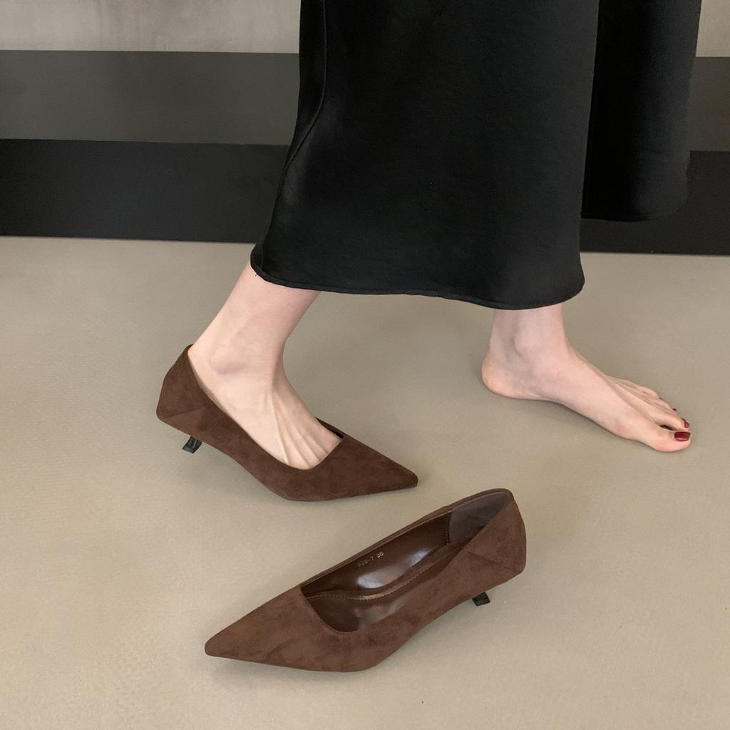 French Pointed Kitten and Black High Heels Women's 2025 New Spring and Autumn Fine Heel Suede Light Mouth Commuter Shoes