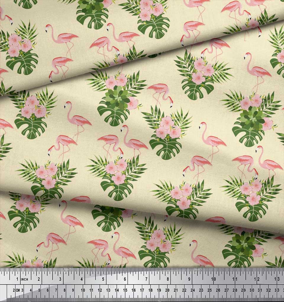 Soimoi Japan Crepe Satin Fabric Tropical Leaves,Floral & Flamingo Bird Print Fabric by the metre 42 Inch