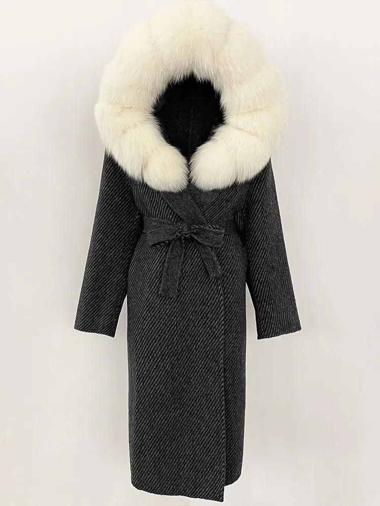 OFTBUY Winter Women Coat Real Natural Fox Fur Hooded Detachable Collar Double-faced Woolen Jacket Long Casual Elegant Overwears