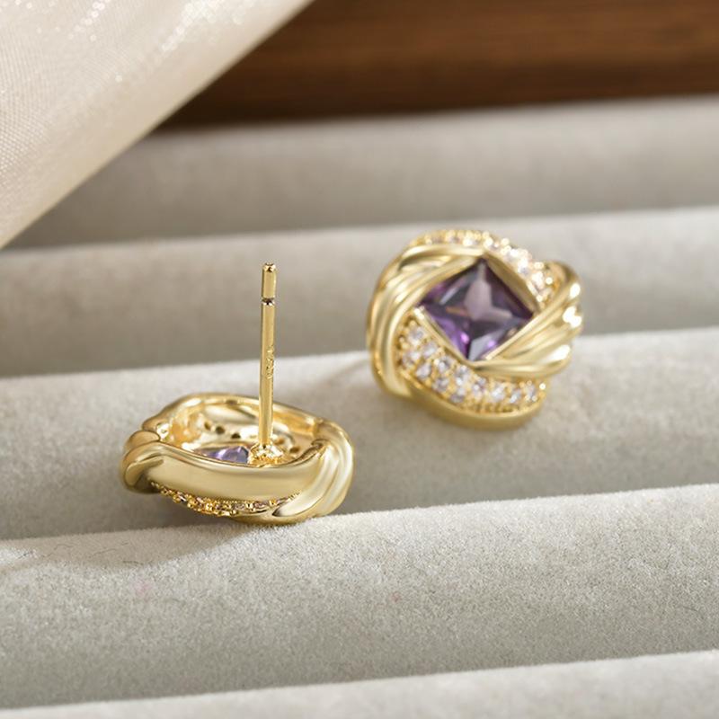 Retro Court Style Twist Purple Diamond Stud Earrings Commuter Versatile Diamond Light Luxury Earrings Gift