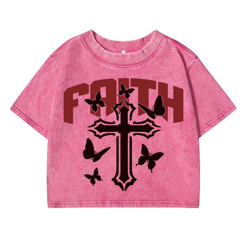 Faith Letter Funny Printing Women Wash Short T Shirt Summer Breathable Tshirt Street Fashion Tees Distress Tops Female