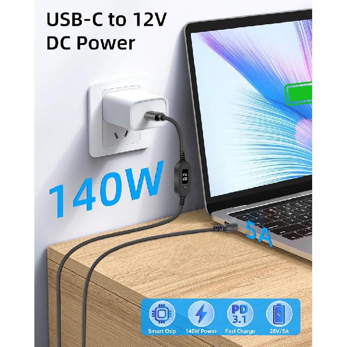 5V/9V/12V/15V/20V/28V USB C to DC 5.5x2.5 PD Trigger Power Cable Adjustable Voltage 140W Type C Male to DC 5.5x2.5mm Male Cord 5