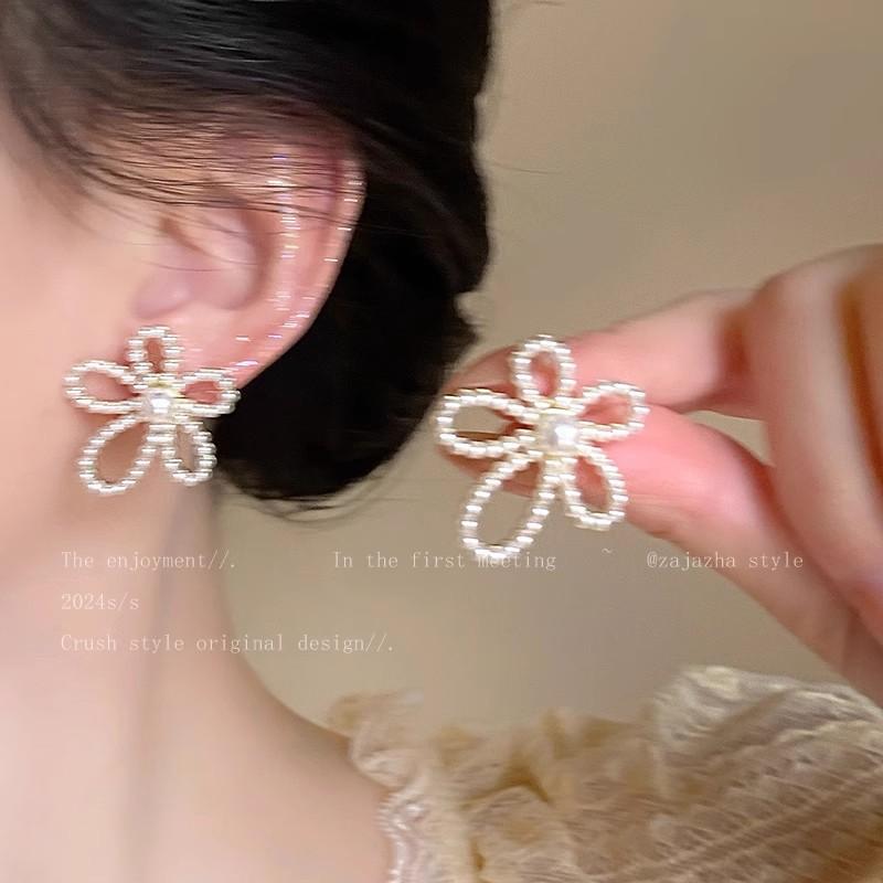 S silver needle zircon pearl earrings women's niche butterfly stud earrings versatile temperament earrings