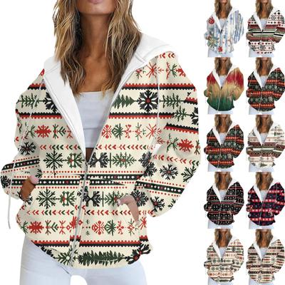 Women's Casual Christmas Printed Sweatshirt Autumn And Winter Long Sleeved Sweatshirt With Pocket Zipper Hooded Jacket