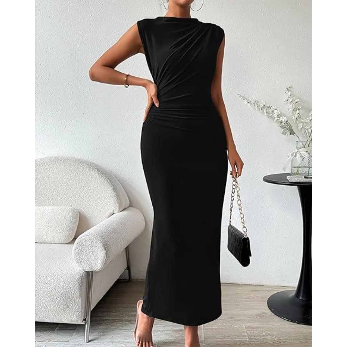 Women s Mock Neck Sleeveless Maxi Dress Slim Fit High Waist Elegant Ruched Bodycon Dress S