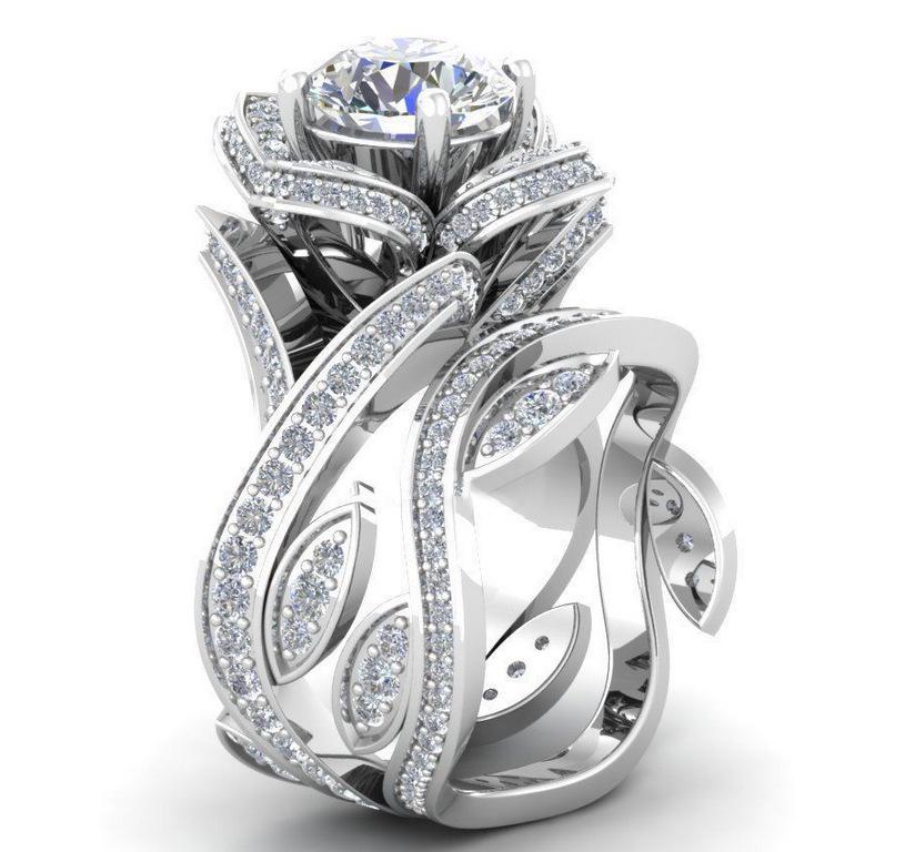 High Quality Women'S Rose Zircon Ring Copper Silver Plated Creative Flower Ring