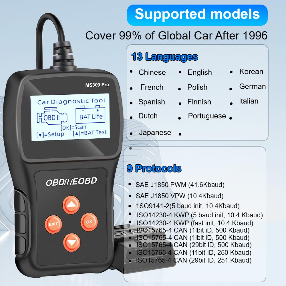 Live Data Code Reader MS309PRO Battery Tester Car Diagnostic Tool Read Vehicle Information Check Engine System Multi-language OBD2 Scanner