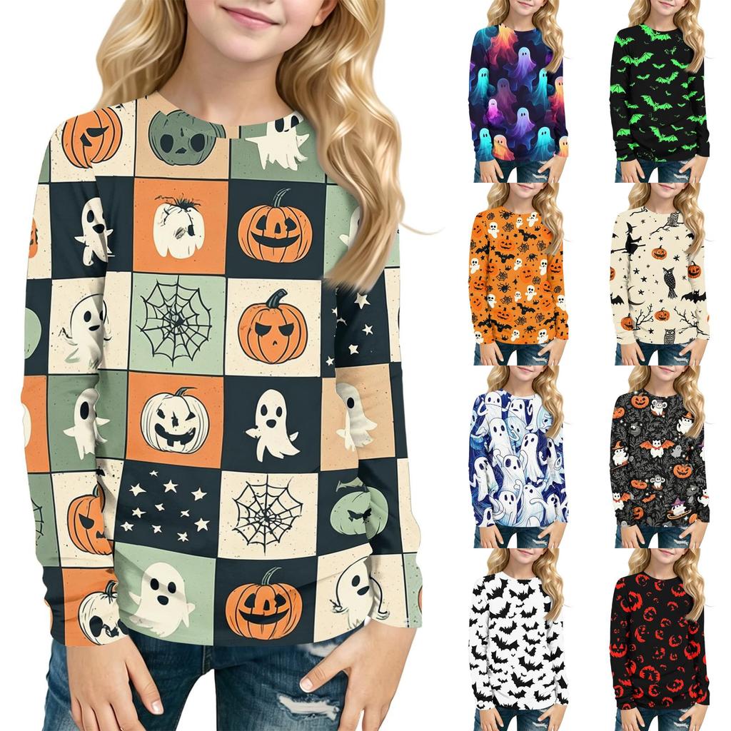 Children's Halloween Print Long Sleeve Neck T-Shirt for Boys Girls