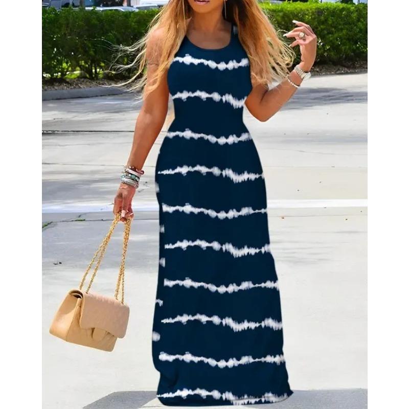 Moda damska Lato Wiosna Kolor Blok Nadruk Bez rękawów O-Neck Wysoka talia Sukienki codzienne