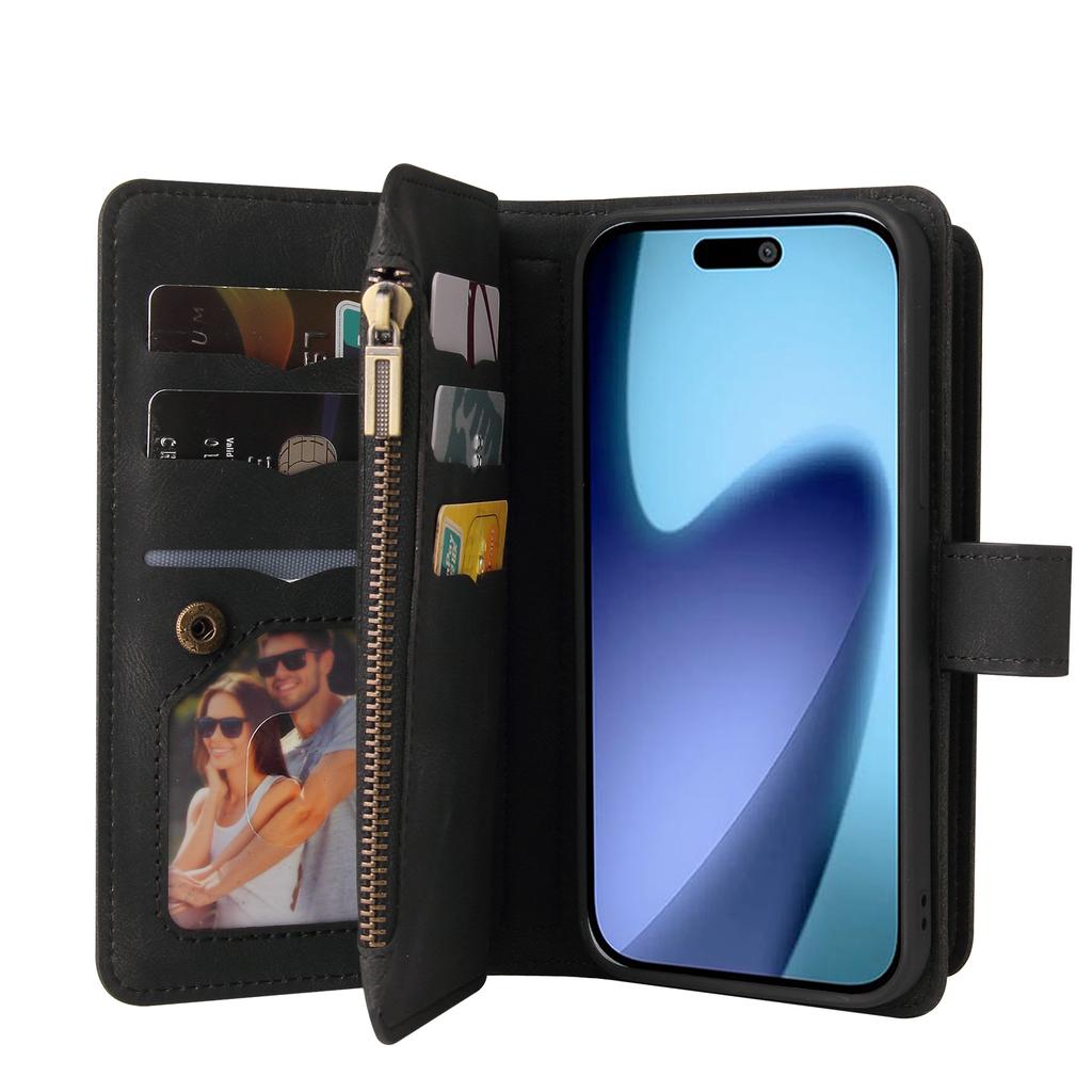 For iPhone 17 Air Zipper Wallet Case with 15 Card Slots and Strap Leather Phone Cover