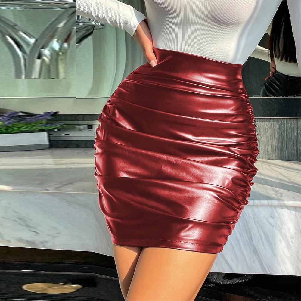 Women's High Waist PU Leather Ruched Bodycon Mini Skirt High Waisted Pencil Skirt