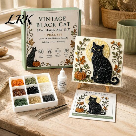 Easy Craft Kit for Beginners Halloween Sea Glass Art DIY Kit, Ghost Black Cat Owl Raven Pumpkin Creative Journey Gift Set Mosaic Set, Beginner