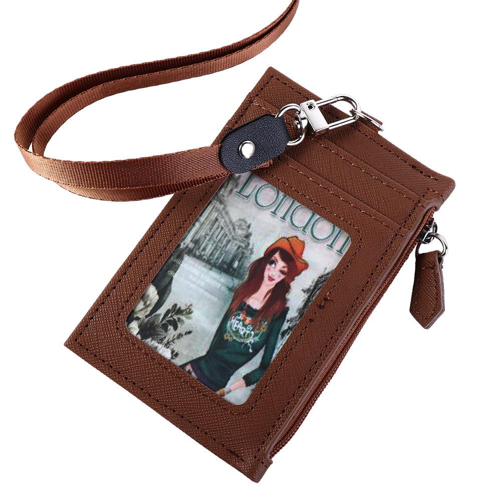 Leather Business Student Office School Supplies Neck Strap Badge Holder ID Card Holder with Lanyard Bus Cards Cover Coin Purse