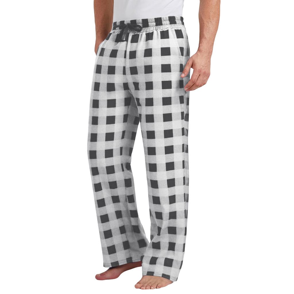 Men's Drawstring Plaid Print Pants - Long Casual Trousers With Belted Pockets