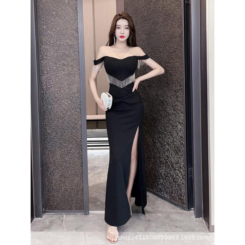 Nightclub sexy dress, long evening gown, slim backless long dress, nightclub technician work clothes S