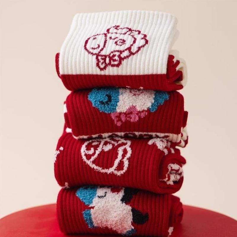 Cute Cartoon Zodiac Year Of The Horse Autumn Winter Warm Mid-Tube Socks New Year Red Socks Gifts