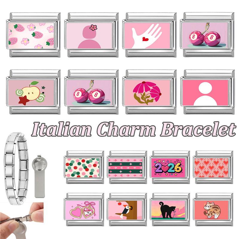 Y2K Pink Series Sweet Love Cherry Strawberry Flower Cat Italian Charm Links 9mm Bracelets Bangle Stainless Steel DIY Making Gift