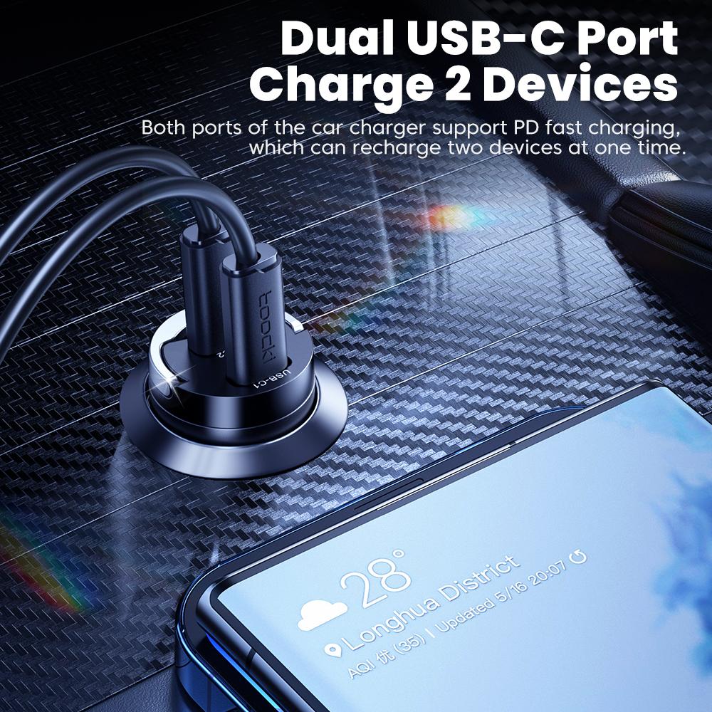 TOOCKI TQ-CC34B Car Charger Dual USB-C 45W Fast Charging Adapter with Pull Ring