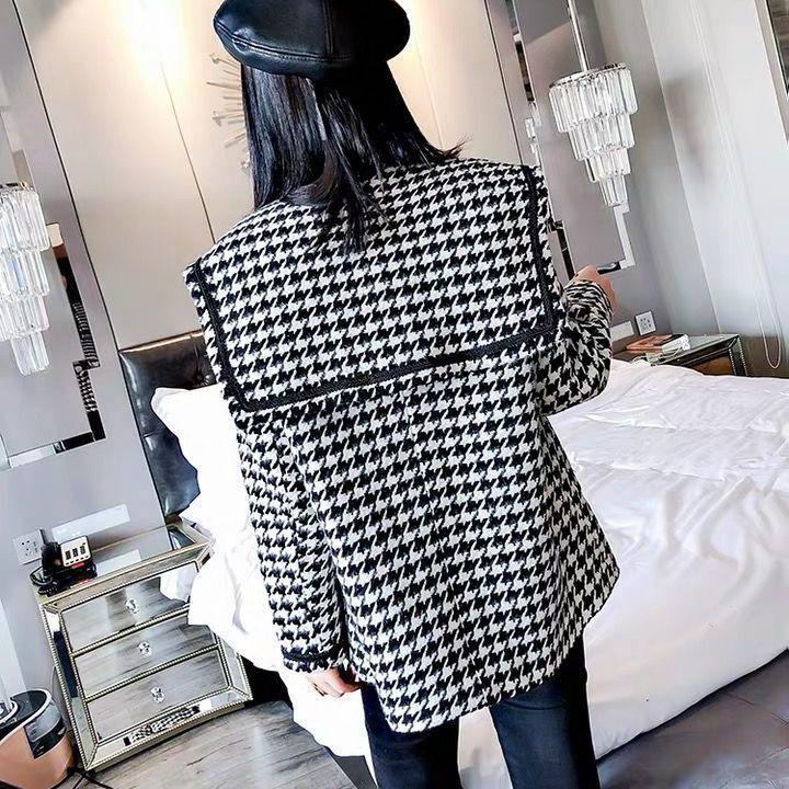 Chouyatou Women Cropped Wool Jacket Houndstooth Plaid Fall Winter Peacoat Outwear