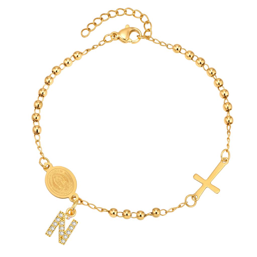 Stainless Steel Rosary Virgin Mary Beaded Bracelets with A-Z Initial Letter Pendant, Gold Plated Religion Jewelry for Women