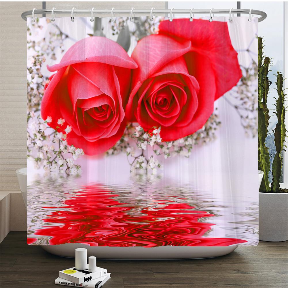 Butterfly Red Roses And Flowers Print Shower Curtain Set Anti-Slip Rugs Toilet Lid Cover Bath Mat  Bathroom Curtains Decoration