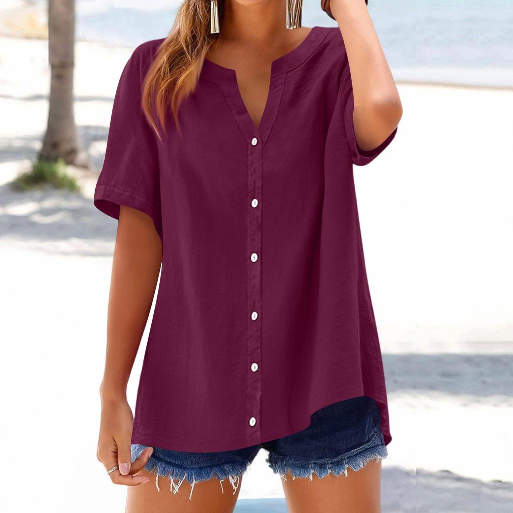 Women's Fashion Loose Casual Summer V-neck Short Sleeve T-shirt