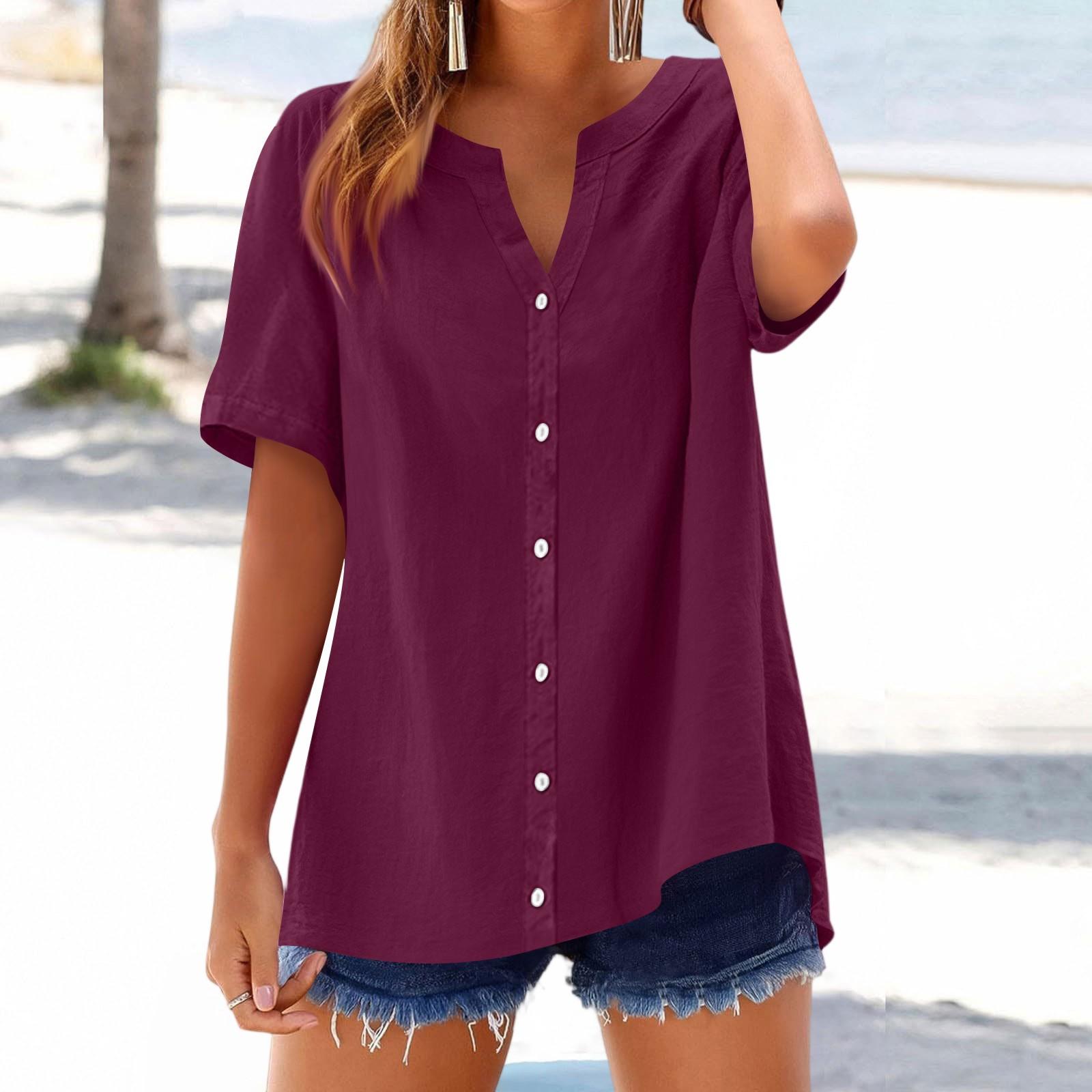 

Жіноча модна вільна повсякденна літня футболка з V-подібним вирізом та коротким рукавом XL винний