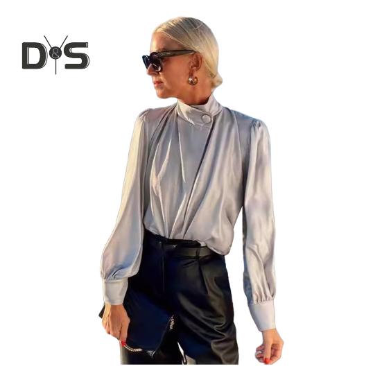 

Атласная женская рубашка с полувысоким воротником-фонариком и длинным рукавом, однотонный пуловер, повседневная блузка для поездок на работу XL серый