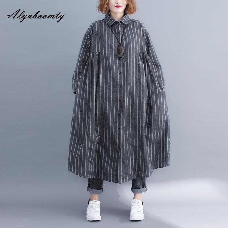 

Женская длинная блузка больших размеров на осень и весну больших размеров, повседневная свободная черная, белая, серая, темно-синяя полосатая кардиган, элегантная женская рубашка One Size серый