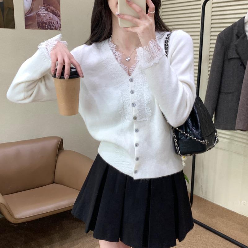 Autumn Long Sleeve Base Cardigan Jackets Women Elegant Slim Fit V-neck Knitted Women's Sweaters Coat Winter Lace Patchwork Cardigans Sweater 25854